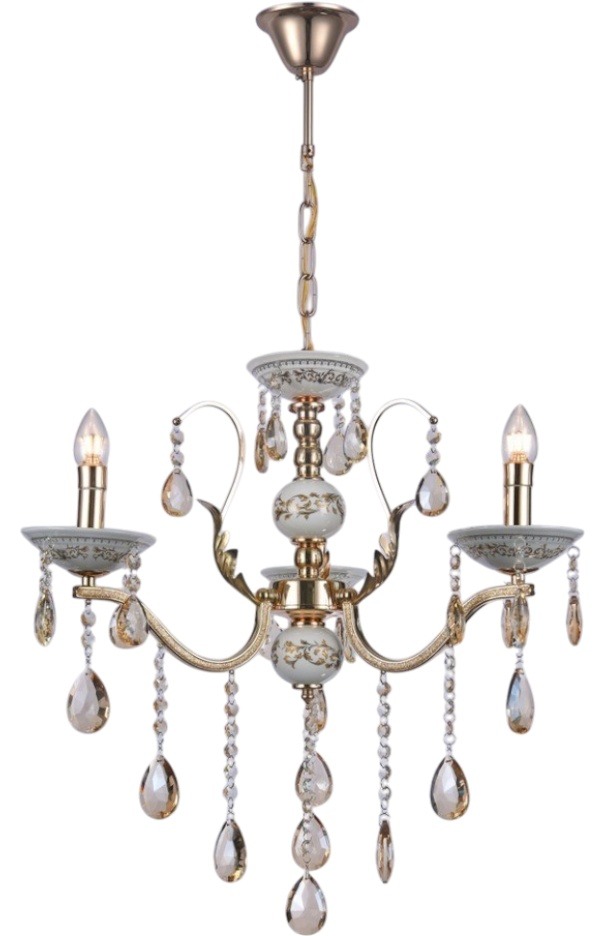 Lustre de cristal cl&aacute;ssico Ol&iacute;mpia com 3 bra&ccedil;os dourados, detalhes decorativos e pendentes de cristal, ideal para sala de jantar e quartos.